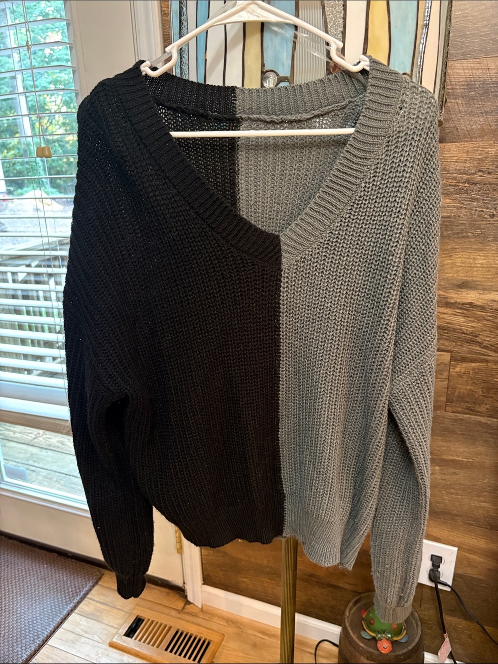 Two-Tone Black and Gray V-Neck Knit Sweater